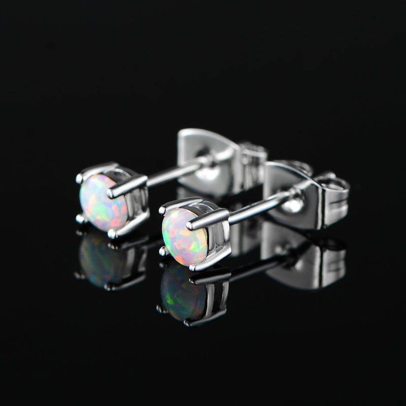 VOLUKA White Fire Opal Earrings for Women 18K White Gold Plated 4mm Opal Birthstone Gemstone Stud Earrings for women Hypoallergenic Jewelry Gifts - Image 4